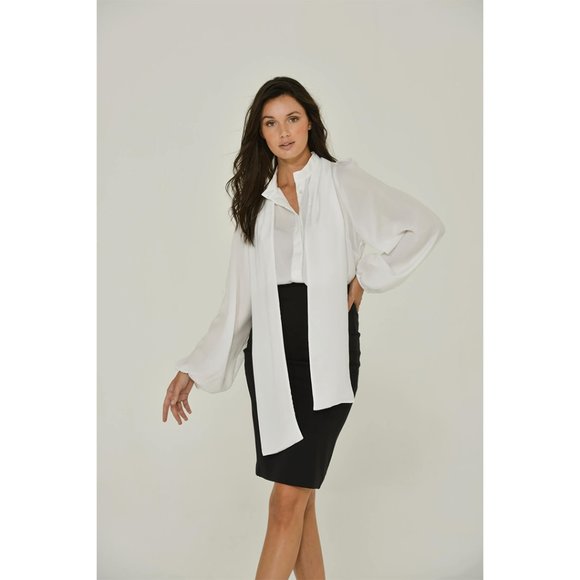 White Long Sleeve Mandarin Blouse w/ Removable Bow | NWT | Made in USA - Picture 1 of 6